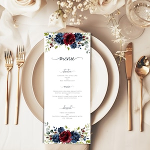 Sjabloon bruiloftsmenu, bordeauxrode en marineblauwe bloemen trouwmenu, bewerkbaar en afdrukbaar menu, menukaart bruiloft, hoog bord bordeauxrood