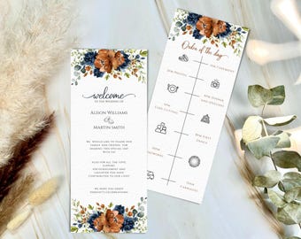 Plantilla de programa de boda con flores en azul marino y terracota (imprimible)