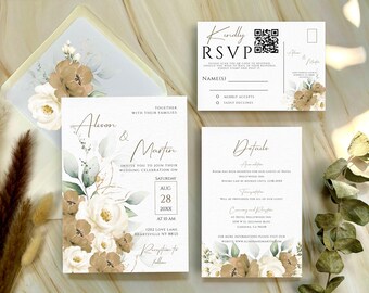 Floral Wedding Invitation Suite: Beige Elegance, Printable Template