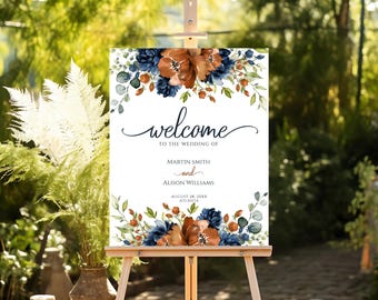 May include: A wedding welcome sign featuring a watercolour floral design in shades of blue and orange. The sign reads "Welcome to the wedding of Martin Smith and Alison Williams, August 28, 20XX, Atlanta".