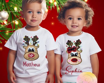 Personalized Sibling Reindeer Christmas Shirt | Embroidered Kids Tee