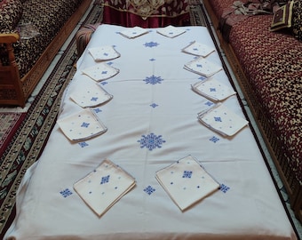 Handcrafted Moroccan Tablecloth with blue Embroideries - Includes 12 Napkins