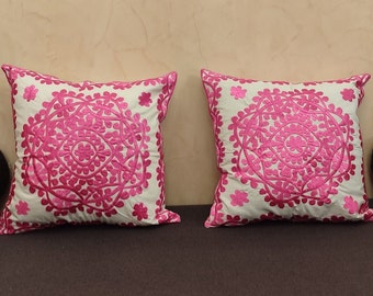Moroccan cushion-covers with cactus-silk embroidries in pink, set of 2 square pillow-cases with embroidries