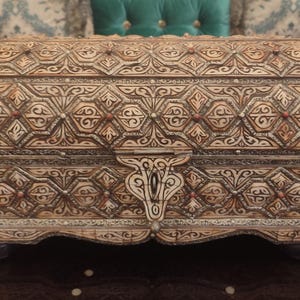 Vintage Moroccan Wooden Box with Hand Engraved Bone Inlays & Coral Stones - Antique Decorative Trinket Box, Rustic Moroccan Home Decor