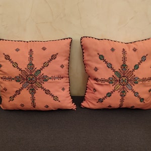 Moroccan orange pillowcases with multicolorful handmade embroideries - set of 2 moroccan emboidered cushion covers