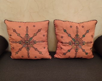 Moroccan orange pillow-cases with multicolorful handmade embroideries, set of 2 moroccan emboidered cushion-covers