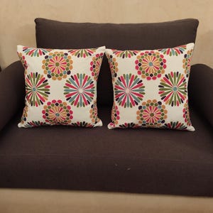 Moroccan Embroidered Throw Pillow – Colorful Designs on White Cotton – Handcrafted Boho  Cushion Covers - Set of 2 cushion-covers