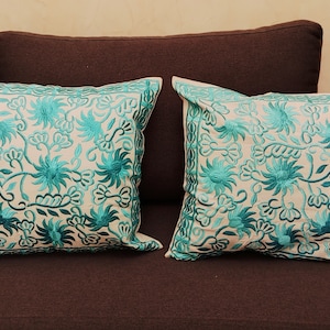 Moroccan cushion-covers with cactus silk embroidries in turquoise - set of 2 square pillowcases -  moroccan home decor