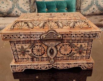 Moroccan Wooden Jewelry Box: Engraved Bone Inlay, Tuareg Tribal Art