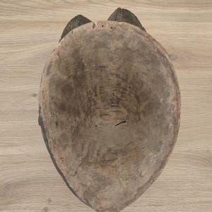 May include: A hollowed-out, oval-shaped wooden mask viewed from the interior. The interior surface shows a rough, light brown, unfinished wood texture with visible grain patterns and a small crack near the center. The edges are dark and worn.