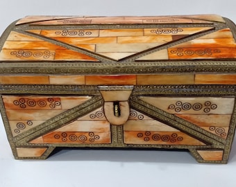 Vintage moroccan box decorated with metal and camel bones