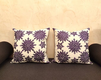 Moroccan cushion-covers with cactus-silk embroidries in purple, set of 2 square pillow-cases with embroidries