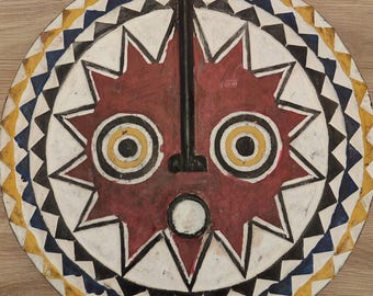 Vintage Hand-Painted Wooden Tribal Shield Wall Decor – African Mask Style Hanging