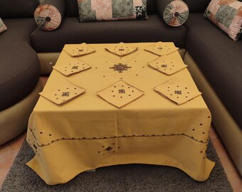 Hand-Embroidered Mustard Yellow Tablecloth Set with Matching Napkins – Square Tablecloth
