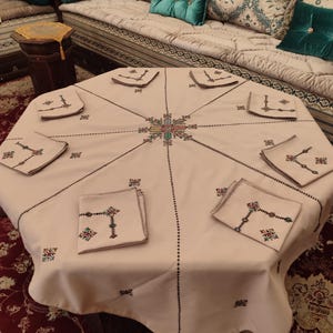 Handmade Moroccan Tablecloth with Embroidered Napkins - Square Tablecloth