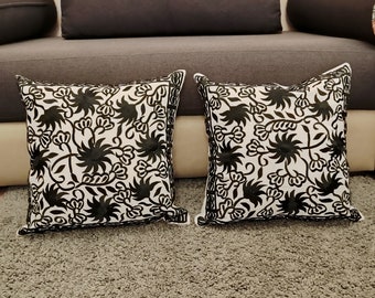 Moroccan cushion-covers with cactus-silk embroidries in black, set of 2 square pillow-cases with embroidries