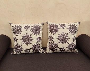 Moroccan cushion-covers with cactus-silk embroidries in dark-gray, set of 2 square pillow-cases with embroidries