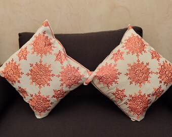 Moroccan cushion-covers with orange cactus-silk embroidries, set of 2 square pillow-cases with embroidries