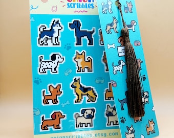 Paquete de pegatinas y marcapáginas de perros Pixel Pup: papelería retro de 8 bits con razas de perros