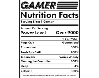 Funny Gamer Nutrition Facts Label Art | PNG SVG (Digital Download)