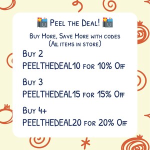 Puede incluir: Gr&aacute;fico promocional con el texto "PEEL THE DEAL!". Ofrece descuentos en todos los art&iacute;culos de la tienda. Compra 2 art&iacute;culos y obt&eacute;n un 10% de descuento con el c&oacute;digo PEELTHEDEAL10. Compra 3 art&iacute;culos y obt&eacute;n un 15% de descuento con el c&oacute;digo PEELTHEDEAL15. Compra 4+ art&iacute;culos y obt&eacute;n un 20% de descuento.