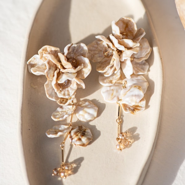 Floral Cream and Tan Marbled Long Statement Earrings