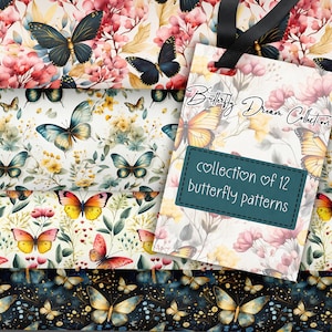 May include: A collection of 12 butterfly patterns featuring colorful butterflies on floral backgrounds. The patterns are perfect for crafting, scrapbooking, and other creative projects. "Butterfly Dream Collection" is written on the tag.
