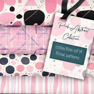 May include: A collection of 14 pink abstract floral patterns. The patterns feature various geometric shapes, including circles, squares, and stripes. The patterns are in shades of pink, white, and black.