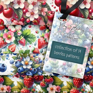 May include: A digital paper pack featuring 14 watercolour berry patterns. The patterns include blueberries, strawberries, raspberries, and cherries. These patterns are ideal for creating digital scrapbooking, card making, and other craft projects.