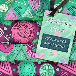 May include: A selection of abstract patterned fabrics in green, purple, and pink. The fabrics display geometric shapes and swirly designs. A tag reads "Abstract Garden Collection" and "collection of 8 abstract patterns."