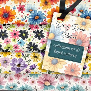 Op de afbeelding: Een verzameling van 10 bloemmotieven met verschillende kleurrijke bloemen, waaronder madeliefjes, met een label waarop "Daisy Dream Collection ♥ collection of 10 floral patterns" staat.