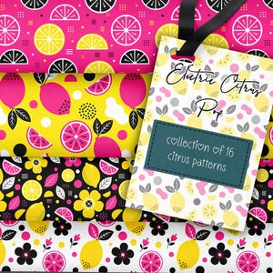 May include: A collection of 16 citrus patterns in bright pink, yellow, black, and white. The patterns feature lemons, flowers, and citrus slices. The tag reads "Electric Citrus Pop" and "collection of 16 citrus patterns".