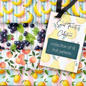 May include: A collection of 18 fruit patterns featuring bananas, blueberries, peaches, and mangoes. The patterns are displayed on a tag that reads "Sweet Fruits Collection". The tag is attached with a black ribbon.
