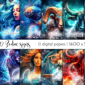Sternzeichen Digital Paper Pack | 12 Sternzeichen Illustrationen | Horoskop Singt | Fantasy Sternzeichen Hintergrund | Digitaler Download