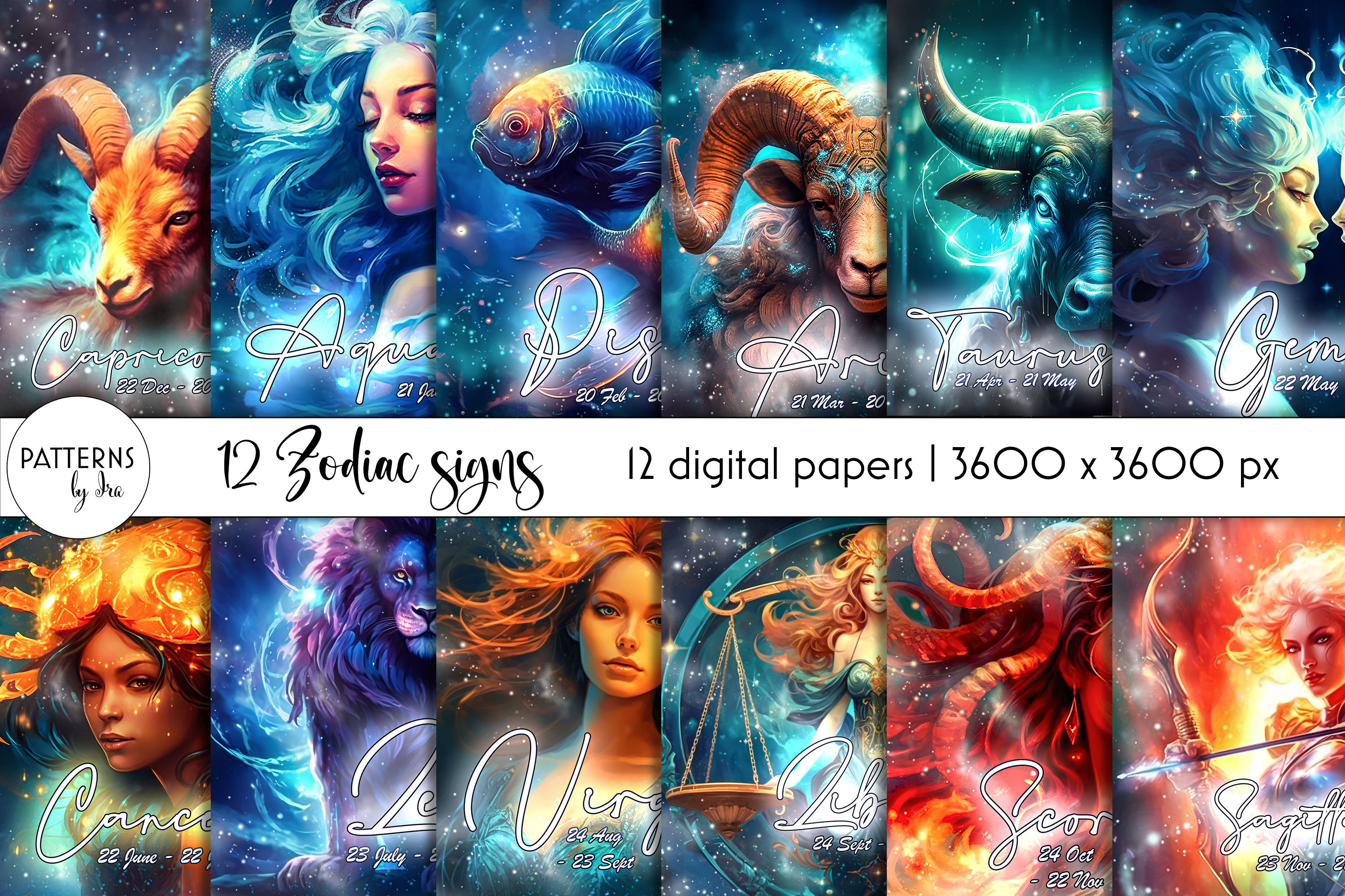 Zodiac Signs Digital Paper Pack | 12 Zodiac Signs Illustrations