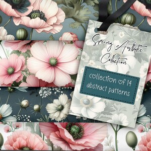 Peut inclure: Un téléchargement numérique de 14 motifs floraux abstraits dans une esthétique printanière. Les motifs présentent des fleurs roses, blanches et vertes sur un fond bleu. Le texte "Spring Aesthetic Collection" et "collection of 14 abstract patterns" est sur une étiquette.