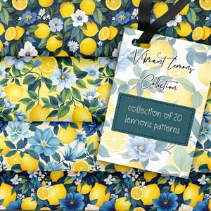 Könnte beinhalten: Stoffmuster mit Zitronen- und Blumendesigns. Die Stoffe zeigen ganze und geschnittene Zitronen, blaue und weiße Blumen und grüne Blätter auf gelbem und marineblauem Hintergrund. Ein Etikett lautet "Vibrant Lemons Collection".