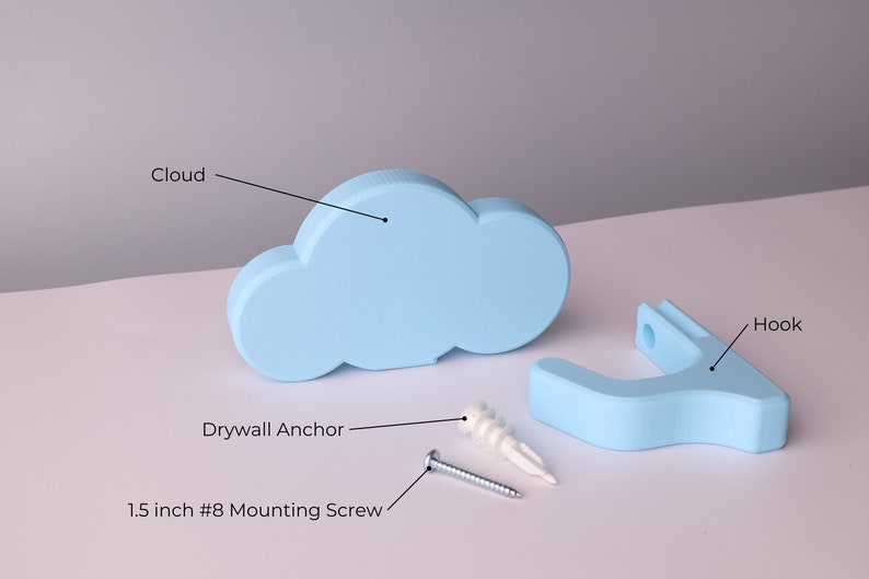 a cloud, wall hook, mounting screw, and drywall anchor