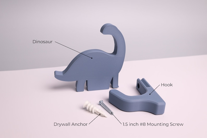 package contents - a blue dinosaur, wall hook, mounting screw, wall anchor