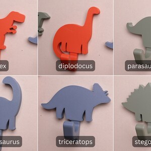 6 dinosaur wall hook options - t-rex, diplodocus, parasaurolophus, brontosaurus, triceratops, and stegosaurus