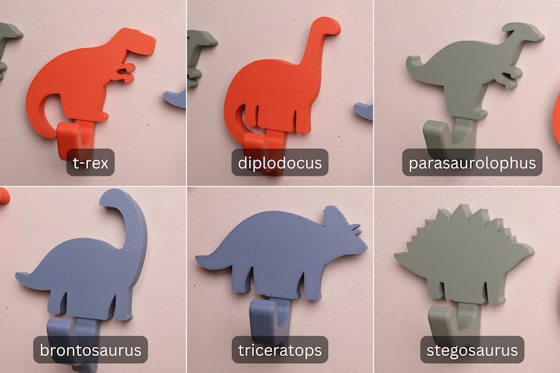 6 dinosaur wall hook options - t-rex, diplodocus, parasaurolophus, brontosaurus, triceratops, and stegosaurus