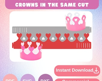 Op de afbeelding: Een sjabloon voor twee kronen, met een rood en grijs ontwerp met hartvormige uitsparingen. De afbeelding bevat een voltooide roze kroon met witte harten. Tekst luidt "TEMPLATE CROWN - TWO CROWNS IN THE SAME CUT", "Instant Download" en "Commercial license".
