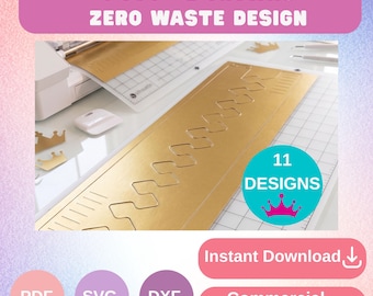 Op de afbeelding: Een goudkleurig vel met kroonontwerpen, met het opschrift "1 CUT = 2 CROWNS ZERO WASTE DESIGN". De afbeelding bevat ook de tekst "11 DESIGNS" en pictogrammen voor de bestandsformaten PDF, SVG en DXF. De tekst "Instant Download" en "Commercial license" zijn ook aanwezig.