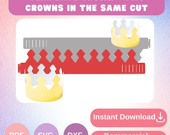Op de afbeelding: Een digitale sjabloon voor twee kronen in dezelfde snede, met een rood en grijs ontwerp. De afbeelding bevat twee geassembleerde kronen, één met een geel en wit ontwerp. Tekst bevat "TEMPLATE CROWN - TWO CROWNS IN THE SAME CUT", "Instant Download" en "Commercial license".