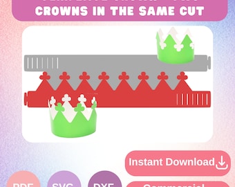 Op de afbeelding: Een sjabloon voor twee kronen in dezelfde snede, met een rood en grijs ontwerp. De afbeelding bevat twee groene en witte papieren kronen. Tekst bevat "TEMPLATE CROWN - TWO CROWNS IN THE SAME CUT", "PDF", "SVG", "DXF", "Instant Download" en "Commercial license".