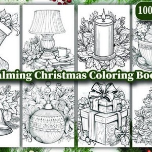 Può includere: Un libro da colorare in bianco e nero con oltre 100 pagine e 8 immagini di copertina. La copertina presenta illustrazioni di una calza di Natale, una lampada, una candela, una tazza di cioccolata calda, una campana, un ornamento, una scatola regalo e un albero di Natale.