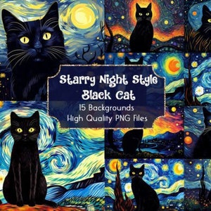 15 imagens CATS Fundo de gato preto Notte stellata, arquivo PNG de alta qualidade (300 DPI)