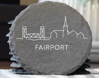 Posavasos de pizarra de una sola línea con el horizonte de Fairport, NY - Hechos a mano