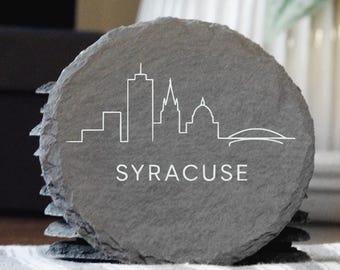 Posavasos de pizarra de una sola línea con el horizonte de Syracuse, NY - Hechos a mano