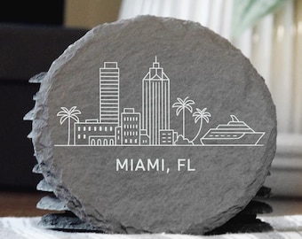 Posavasos de pizarra con el horizonte de Miami, Florida (hechos a mano)